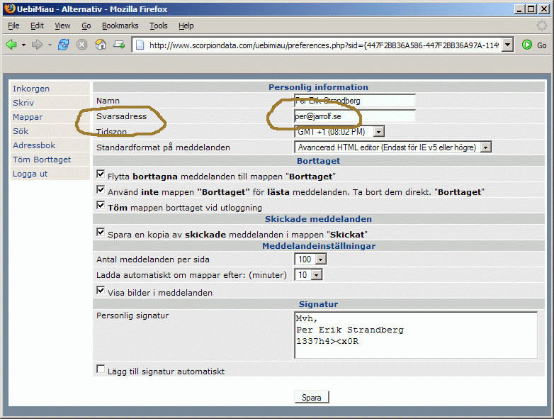 Inställningar i webmailen